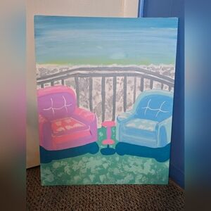 16" X 20" Canvas Wall Art Painting Chairs Patio Ocean Beach Water